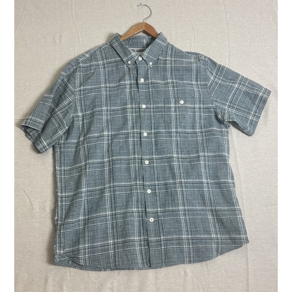 Weatherproof Vintage Men XL Blue Plaid Linen Button Shirt Short Sleeve